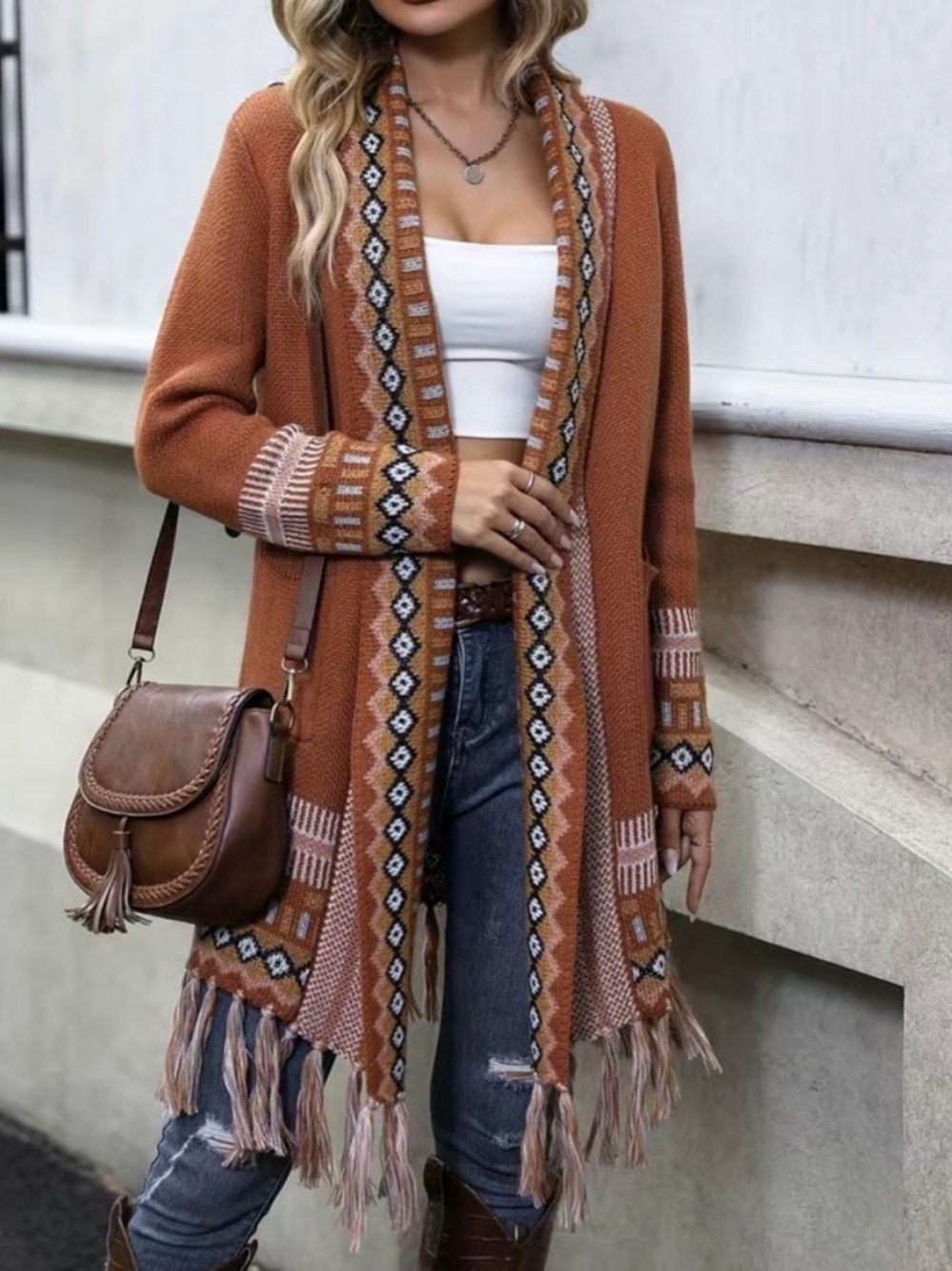 Boho Fringe Open-Front Cardigan Sweater - Rust- Medium